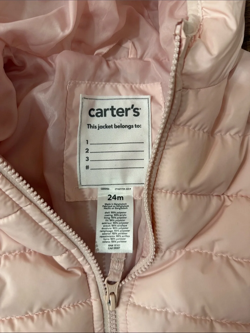 Carter's Toddler Baby Girls Light Pink Quilted Hooded Puffer - 24M - EUC